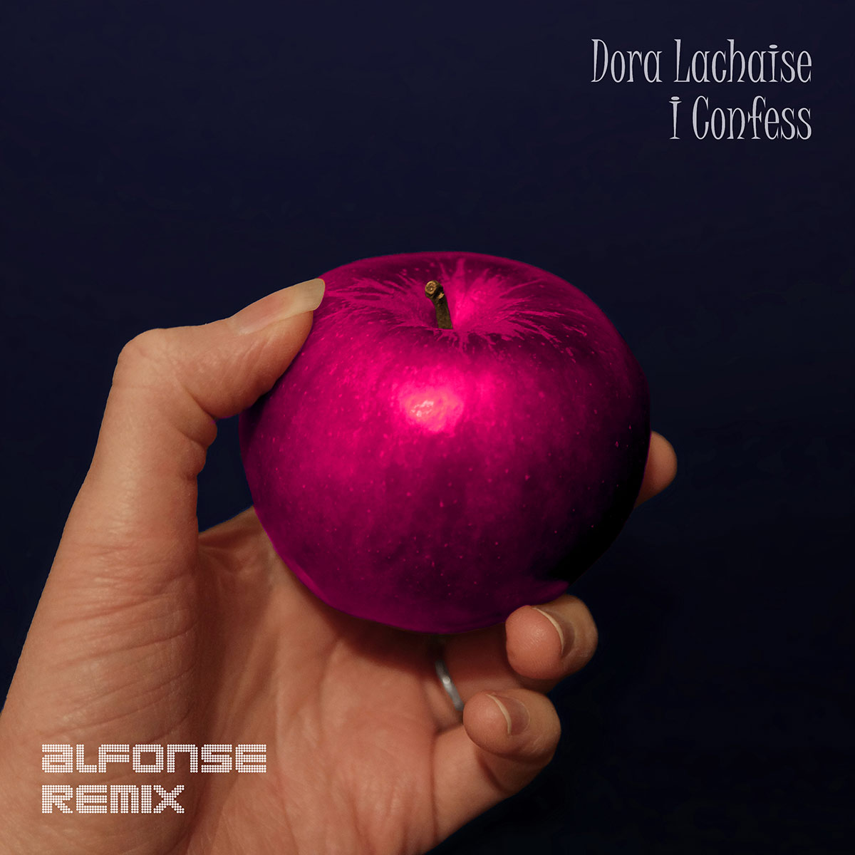 Cover art for Dora's I Confess (Alfonse Remix) track. Photo of a hand holding a metallic pink apple.